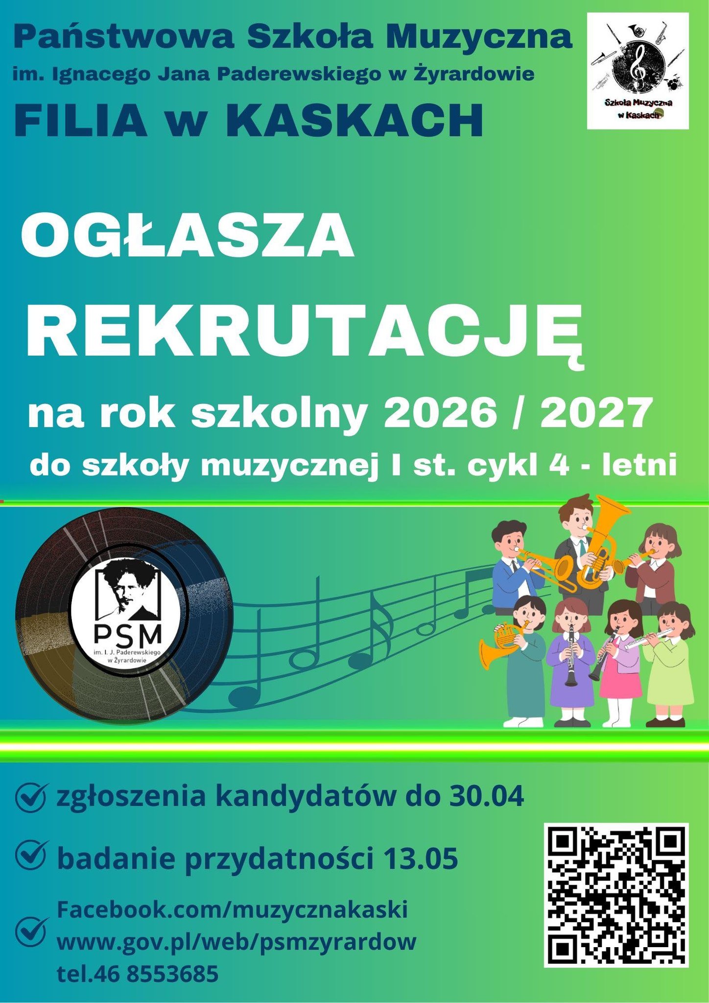 Państwowa Szkoła Muzyczna im. Ignacego Jana Paderewskiego w Żyrardowie – Filia w Kaskach ogłasza rekrutację na rok szkolny 2026/2027 do szkoły muzycznej I stopnia (cykl 4-letni).